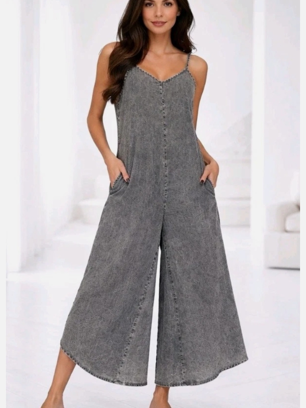 Zenana Women's Acid-Washed Sleeveless Wide Leg Jumpsuit in Black-Various Sizes